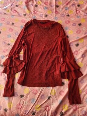 Fashion Nova Metallic Red Long-Sleeve Ruffle-Sleeve Top
